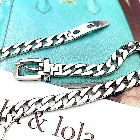 Belt Buckle Sterling Silver Cuban Chain Link Choker Necklace - Picture 4 of 10